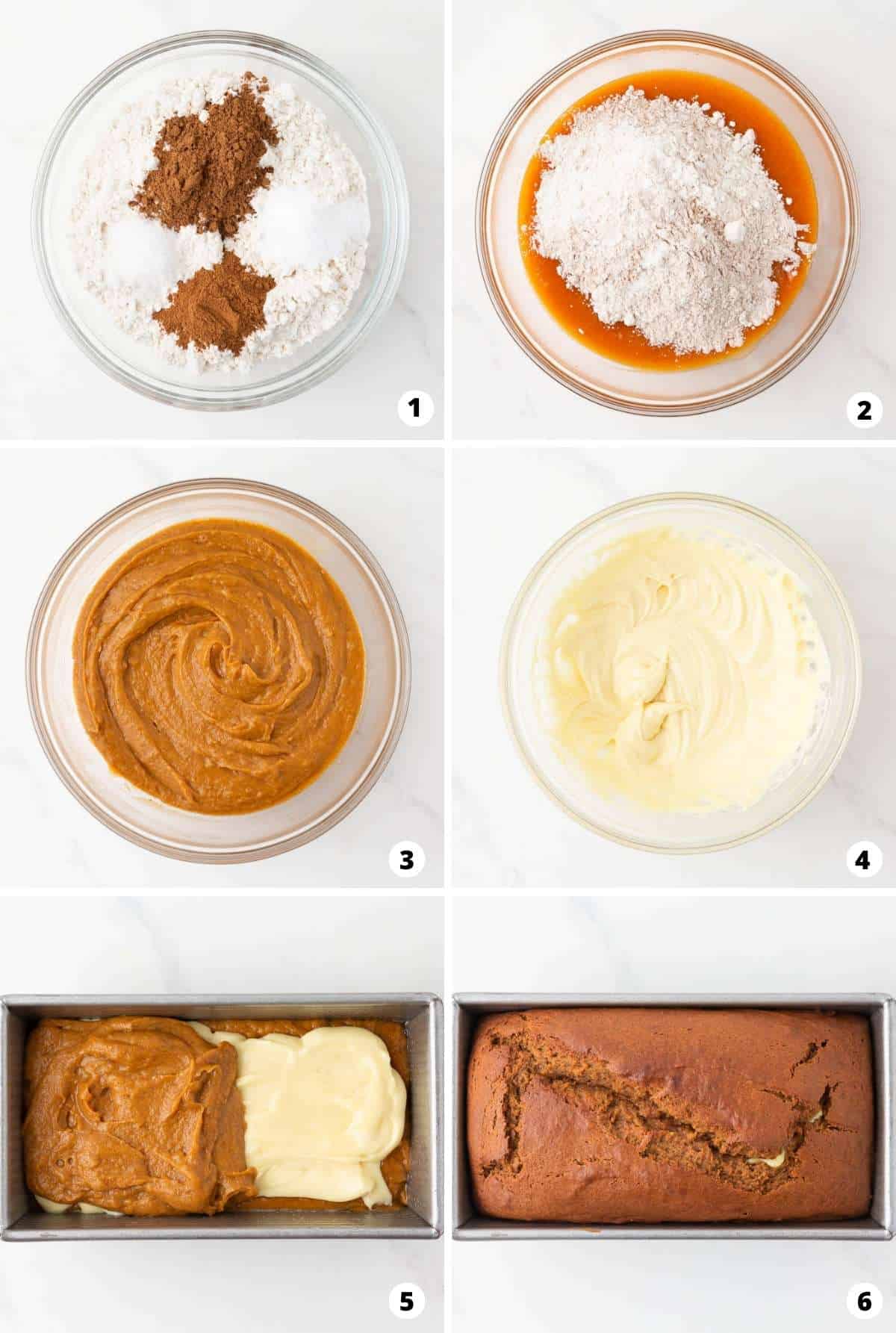 Step by step collage showing how to make pumpkin cream cheese bread.