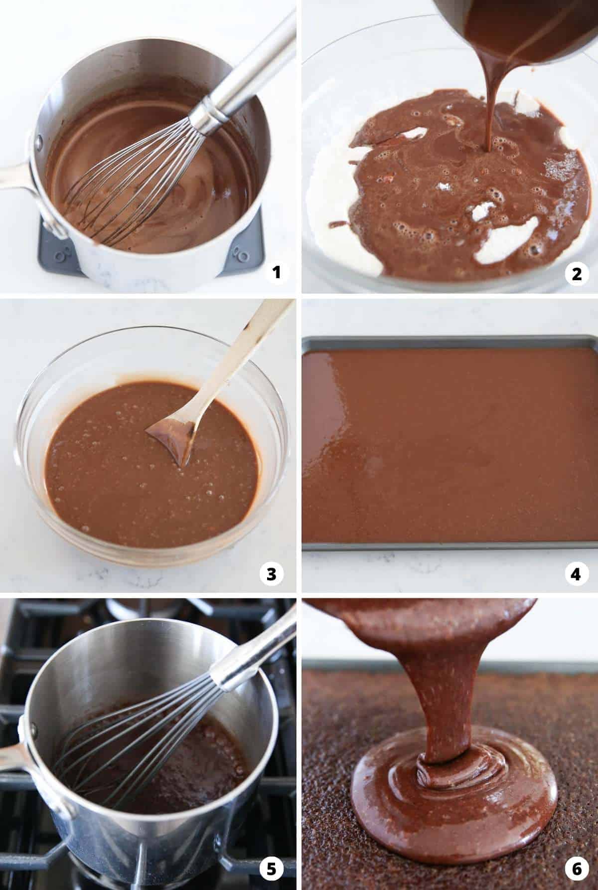 Step by step collage showing how to make texas sheet cake.