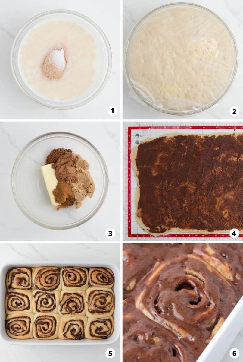 Step by step collage making chocolate cinnamon rolls.