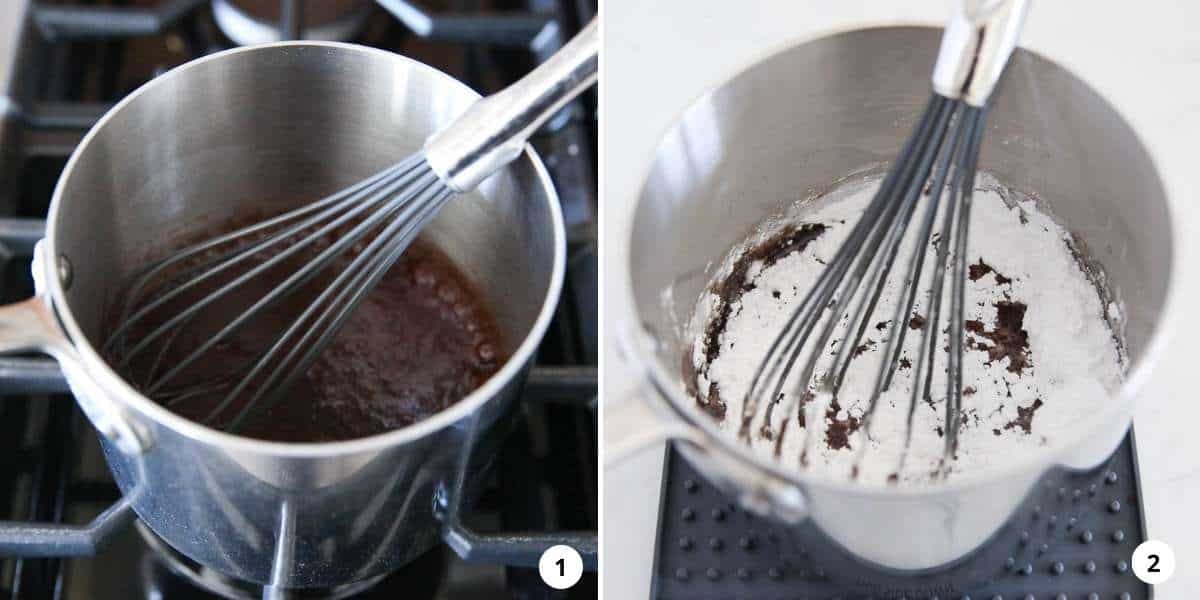 Step by step showing how to make cooked chocolate icing.