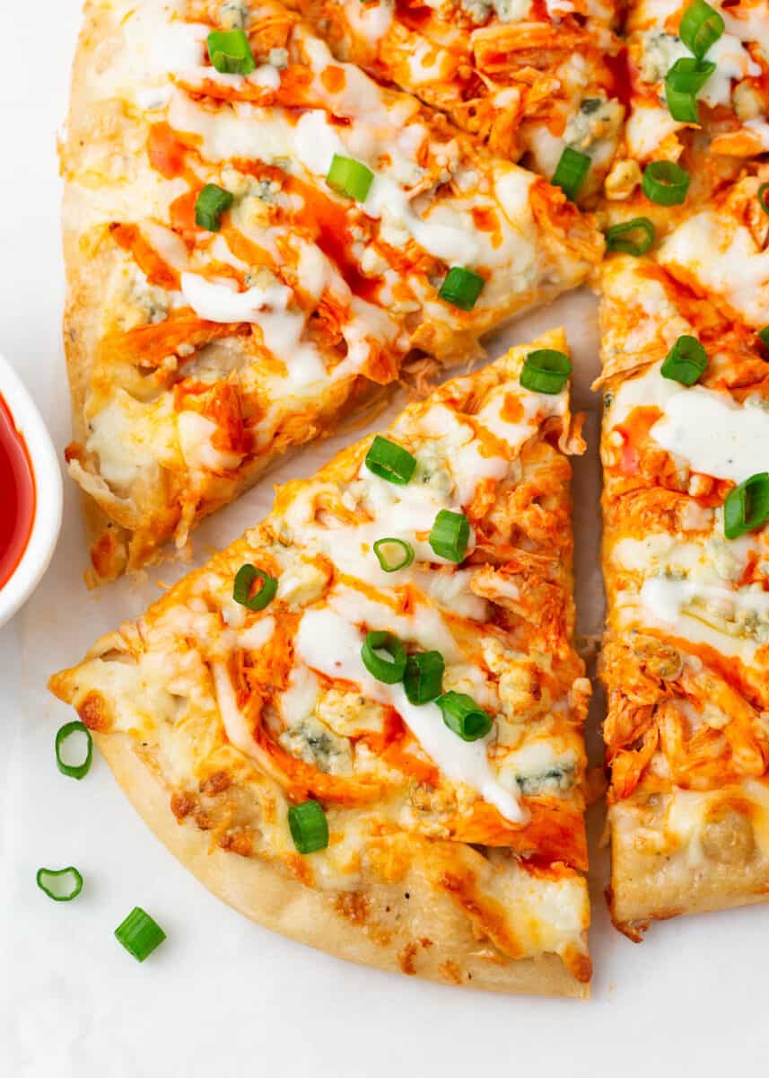 Slice of buffalo chicken pizza.