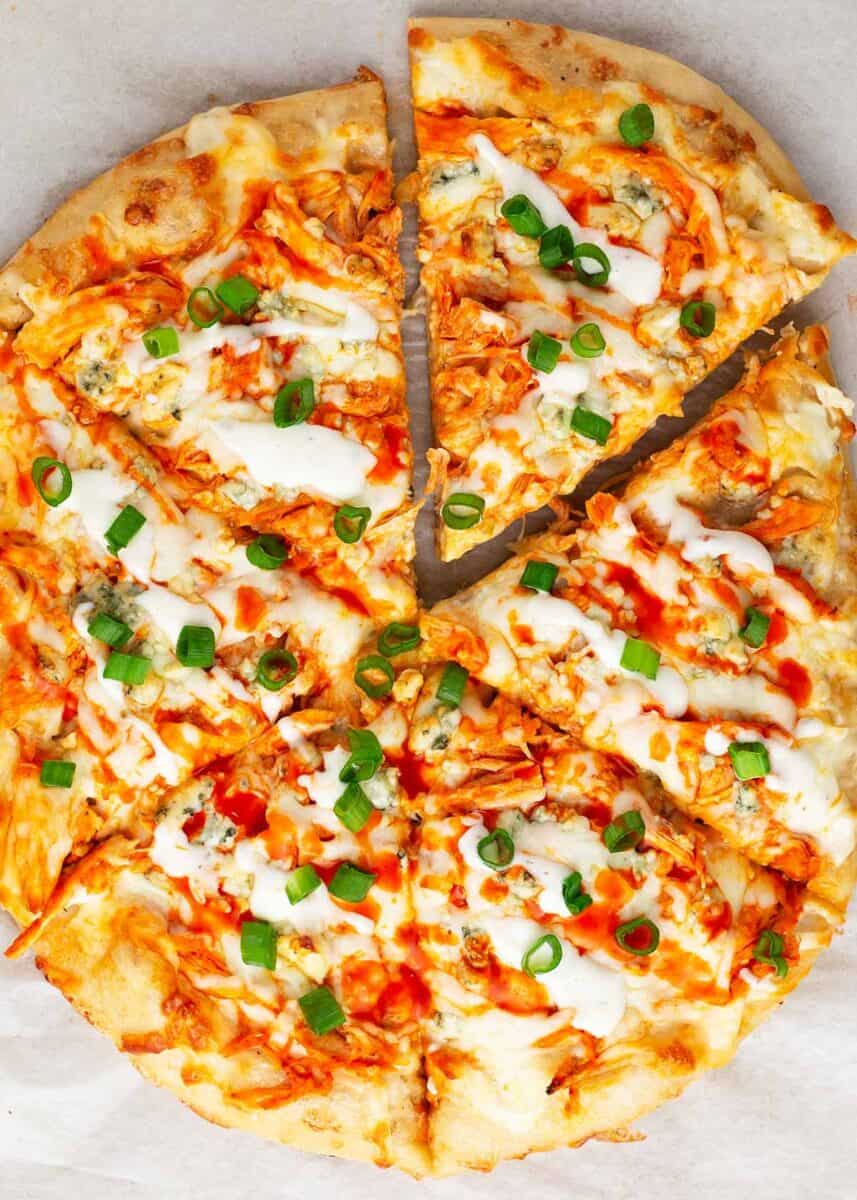 Sliced buffalo chicken pizza.