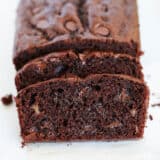 Sliced chocolate banana bread on parchment paper.