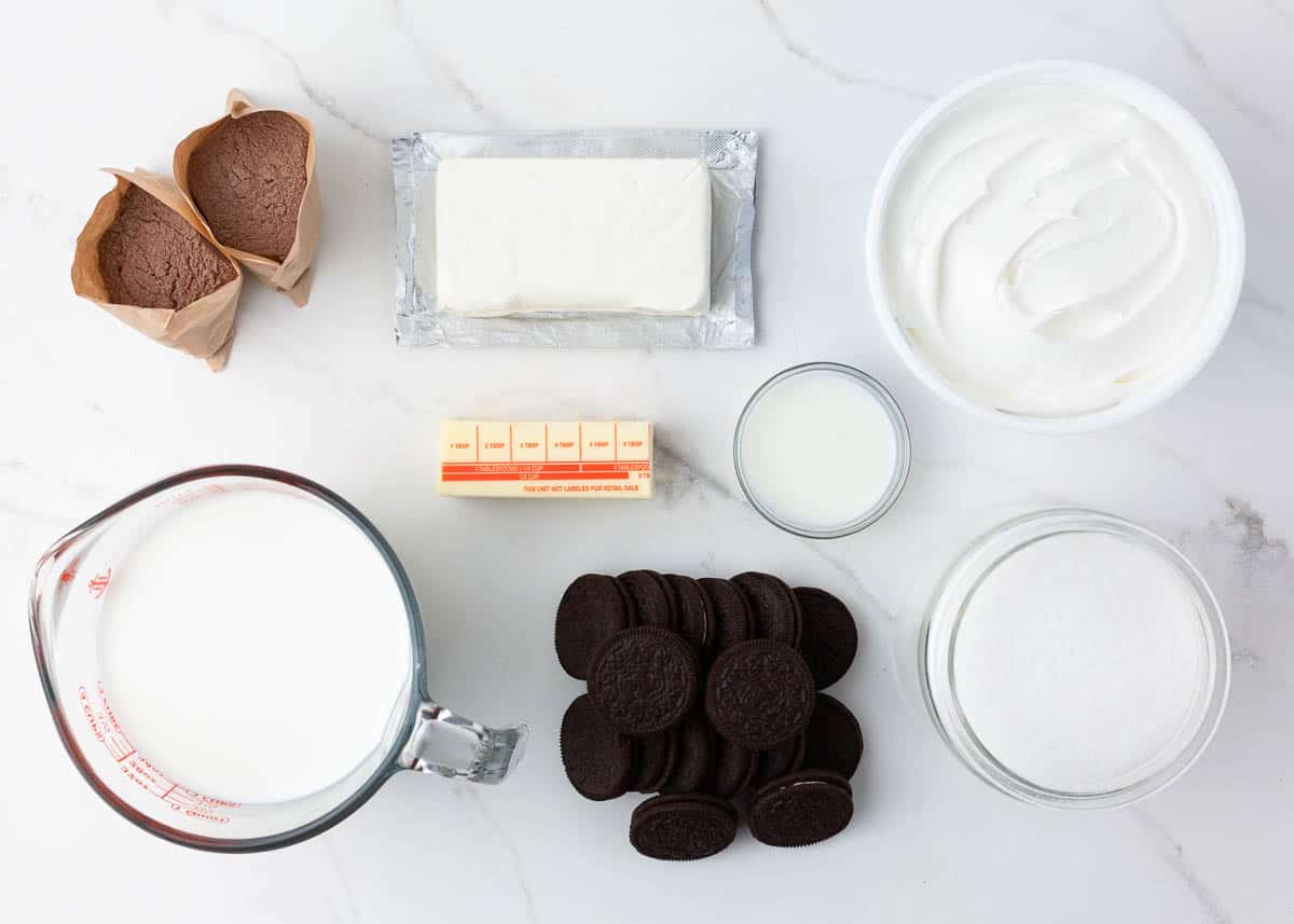 Chocolate lasagna ingredients on counter.