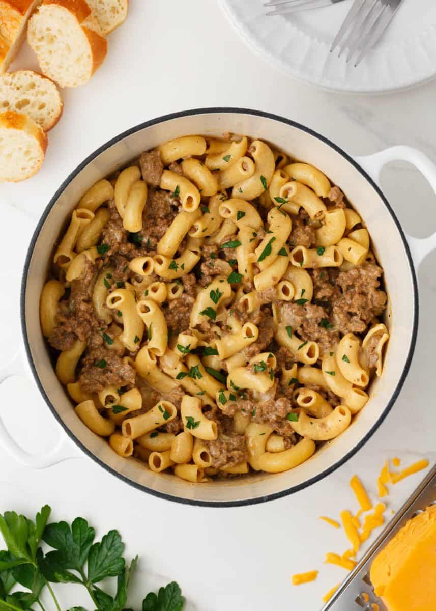 Hamburger Helper in a pot on a counter.