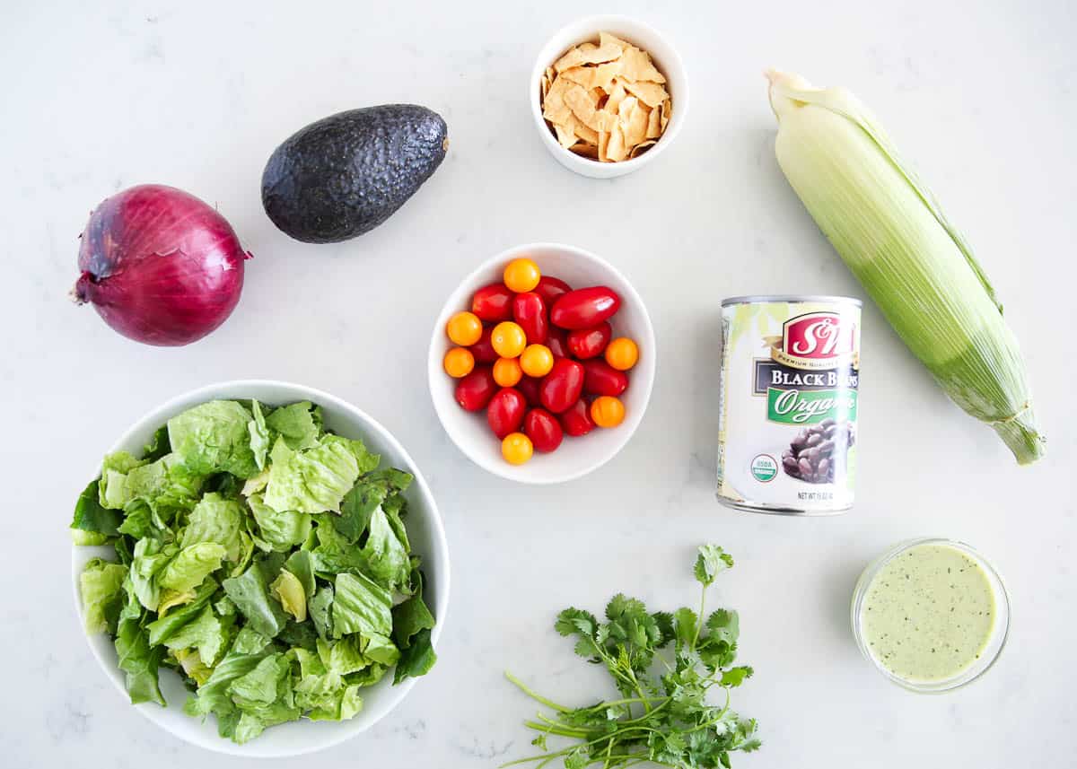 Mexican salad ingredients on marble countertop.