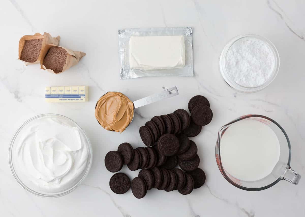 Peanut butter lasagna ingredients on counter.