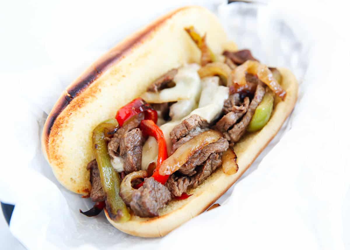 Philly cheesesteak on a hoagie bun.