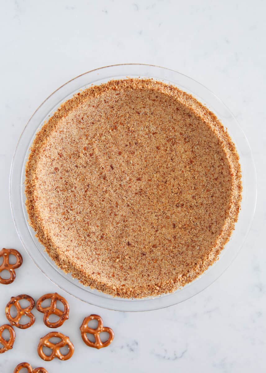 Baked pretzel crust on counter.