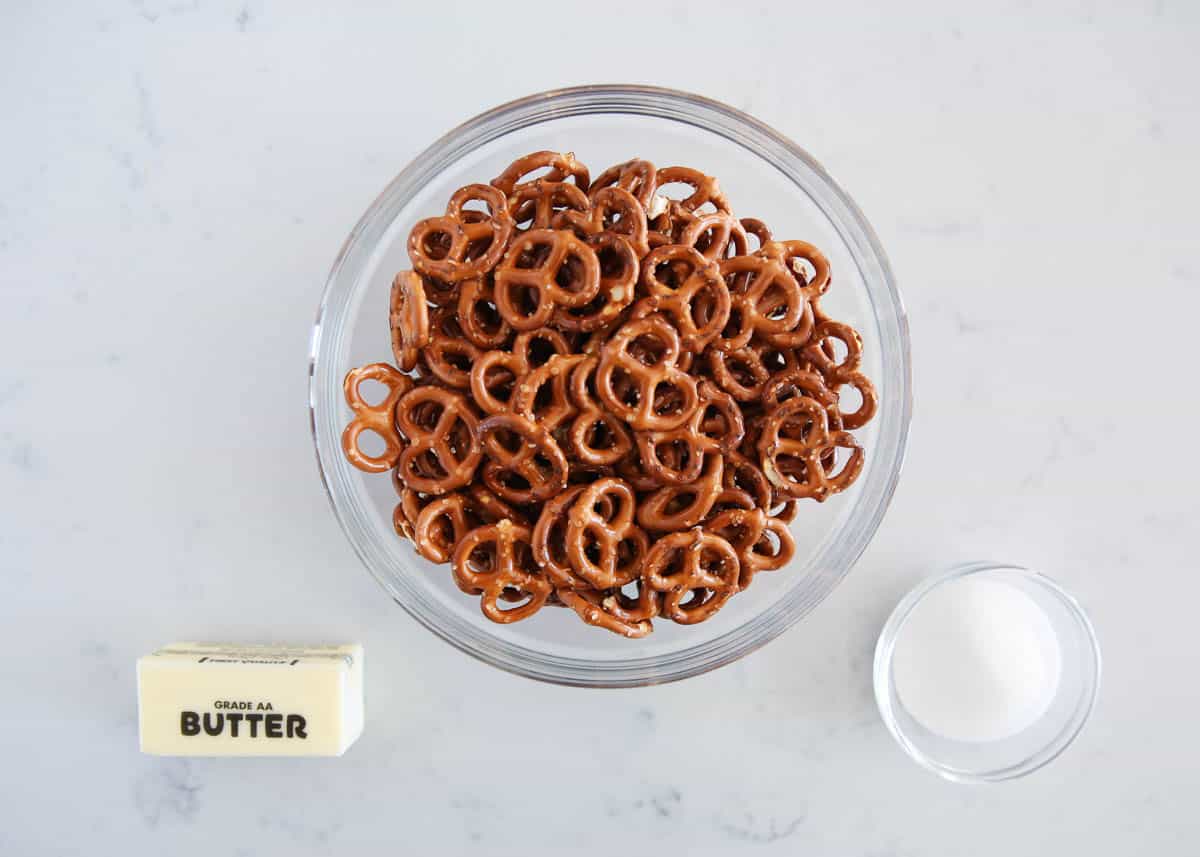 Pretzel crust ingredients on counter.