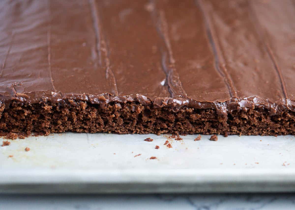 Texas sheet cake with chocolate frosting in baking pan.