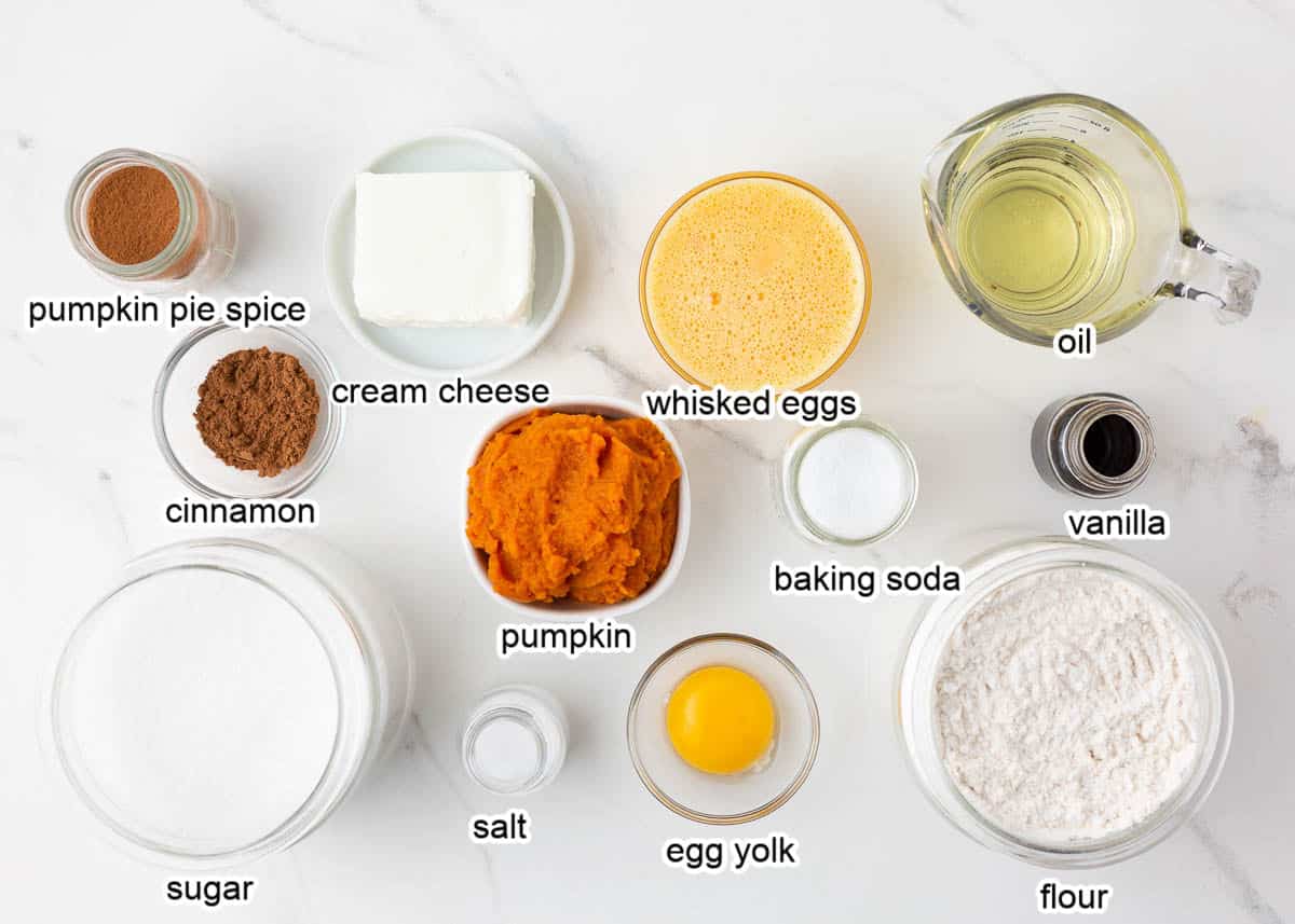 Pumpkin cream cheese bread ingredients on counter.