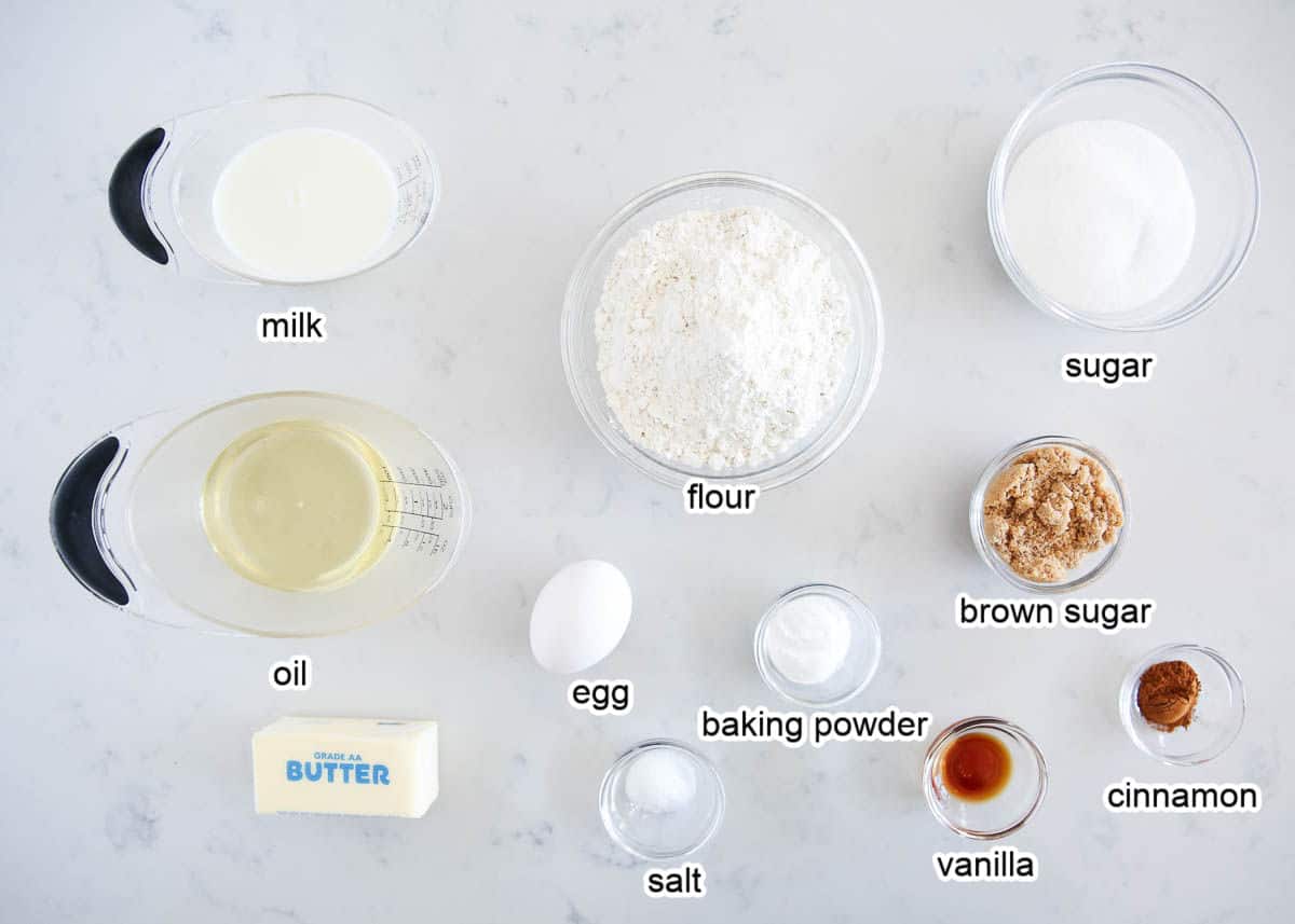 Coffee cake ingredients on marble counter.