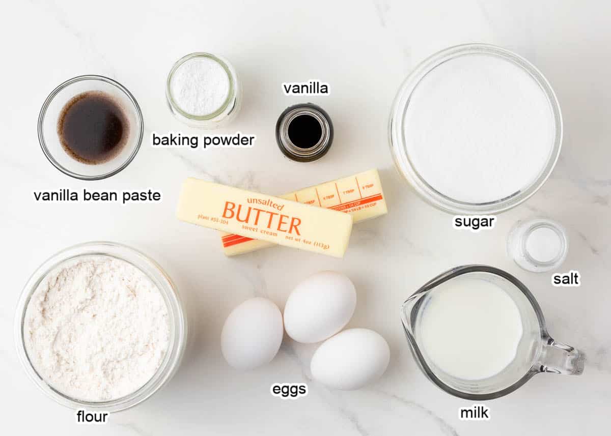 Pound cake ingredients on counter.