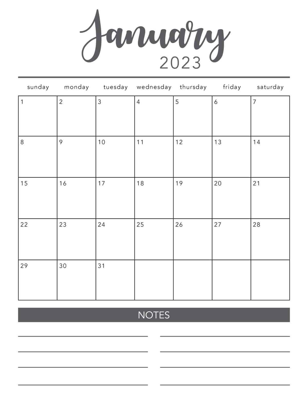 January printable calendar. 