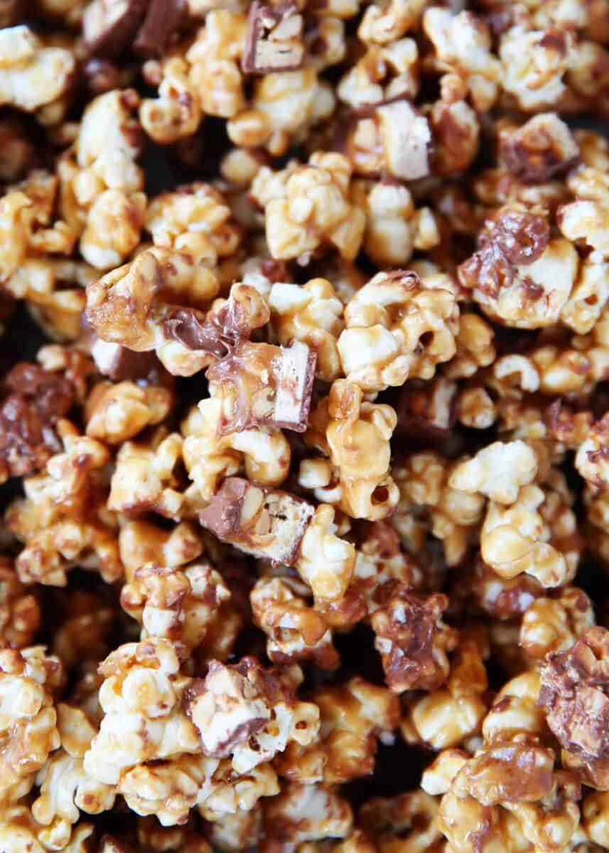Close up of snickers caramel popcorn.