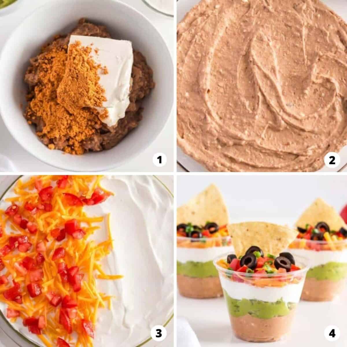 The process of making 7 layer dip in a four step photo collage.