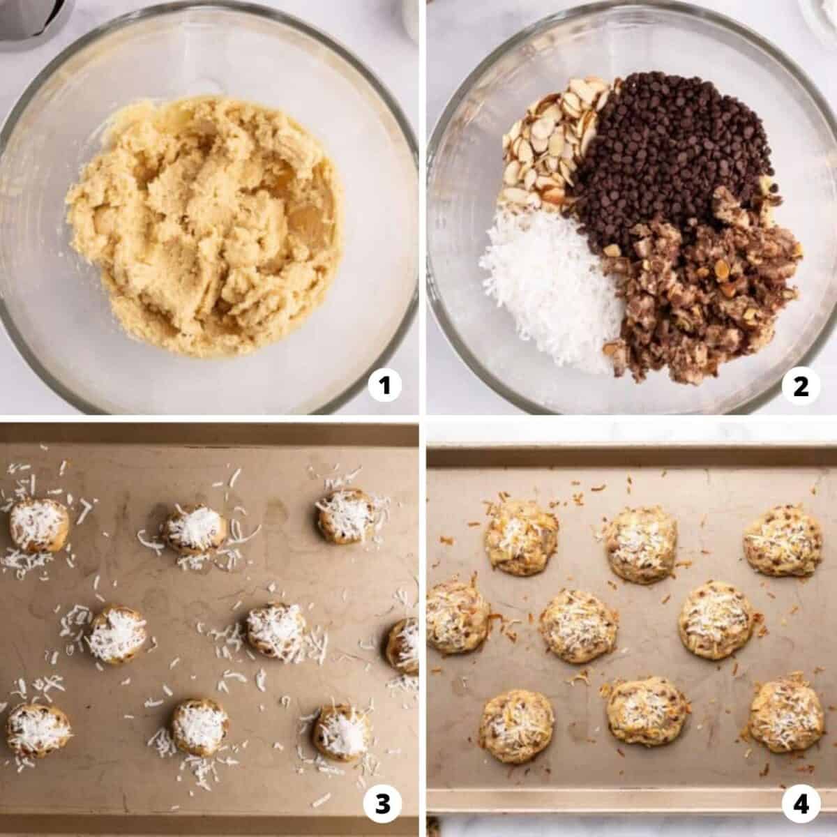 The process of making almond joy cookies in a four step process photo collage.