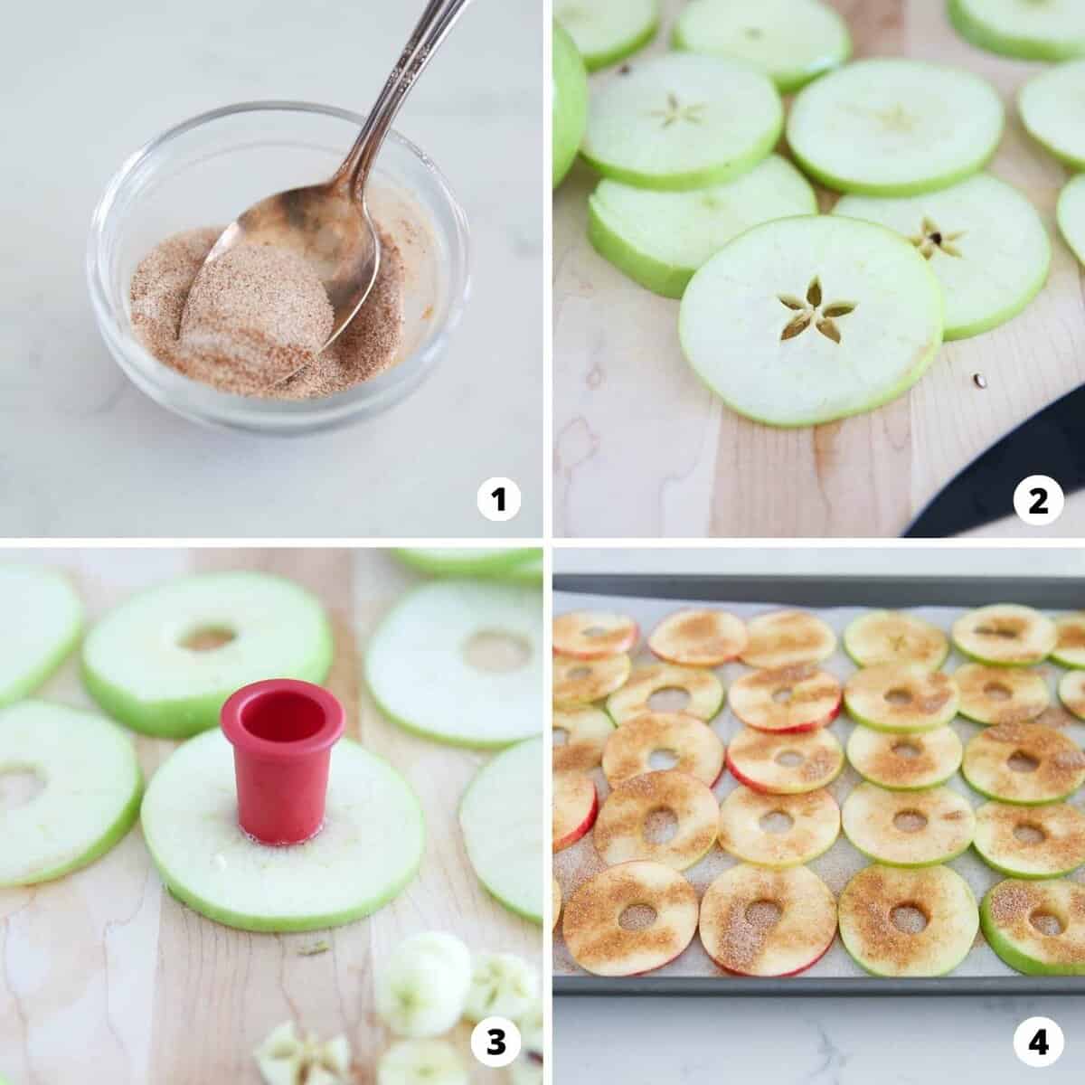 The process of making apple chips in a 4 step collage.