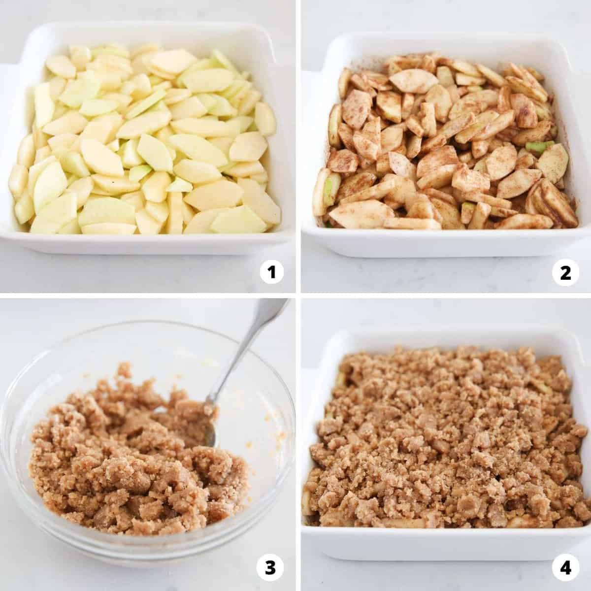 Showing the process of making apple crumble in a 4 step collage.