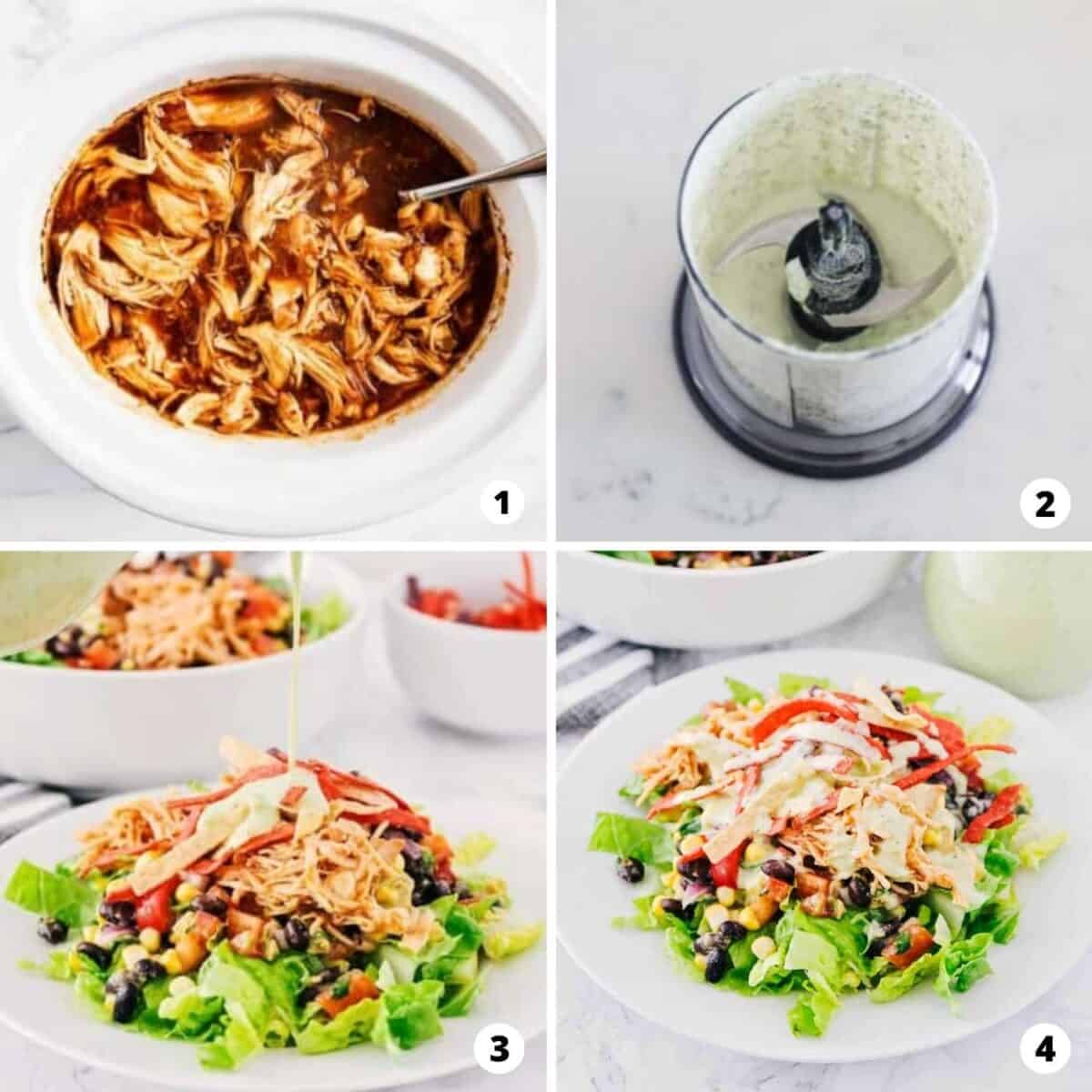 The process of making BBQ chicken salad in a four step process photo collage.