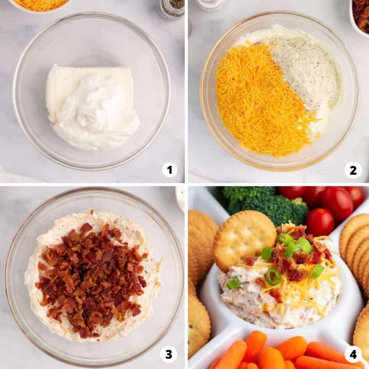 The process of making bacon cheddar ranch dip in four photo collage.