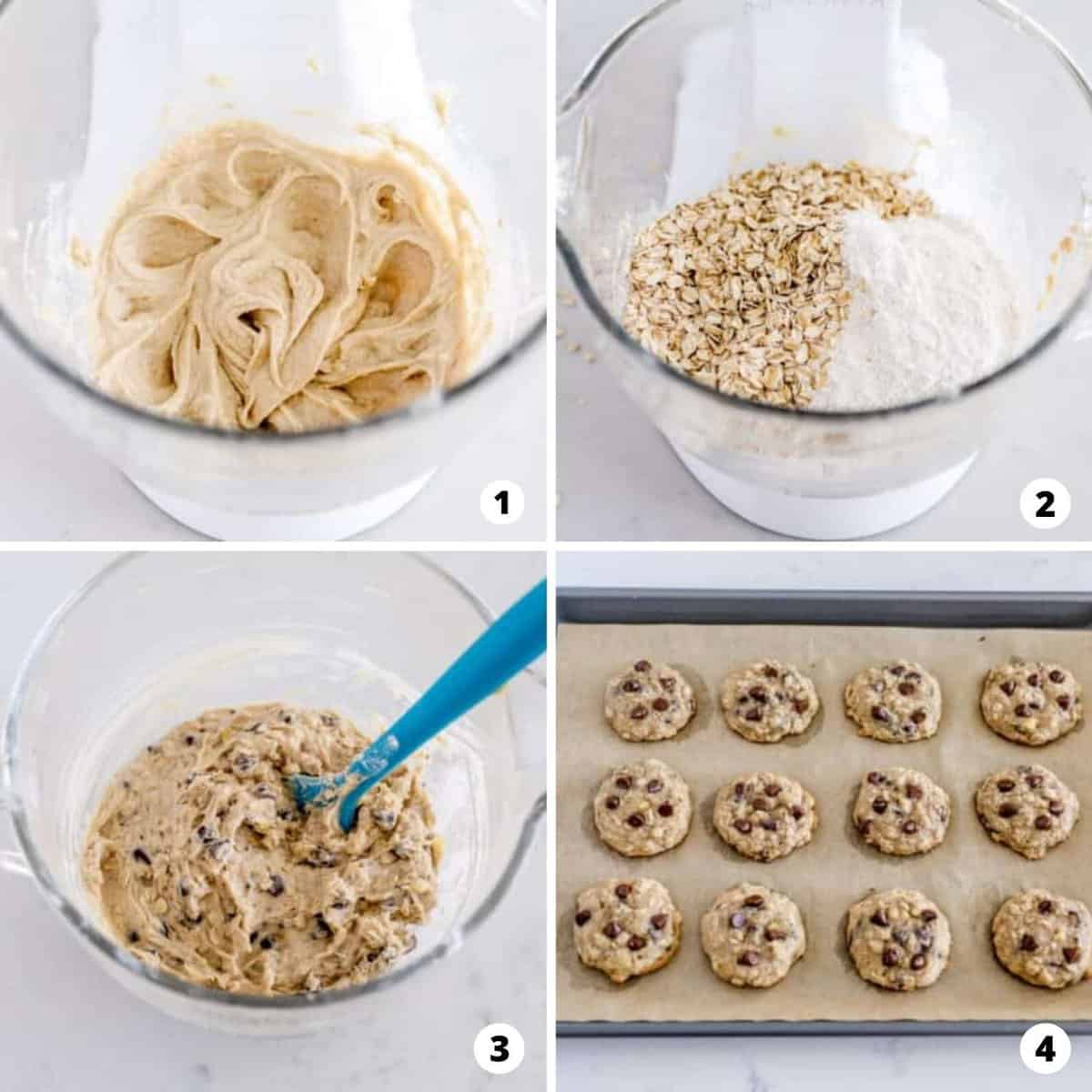 The process of making banana oatmeal chocolate chip cookies in a four step photo collage.