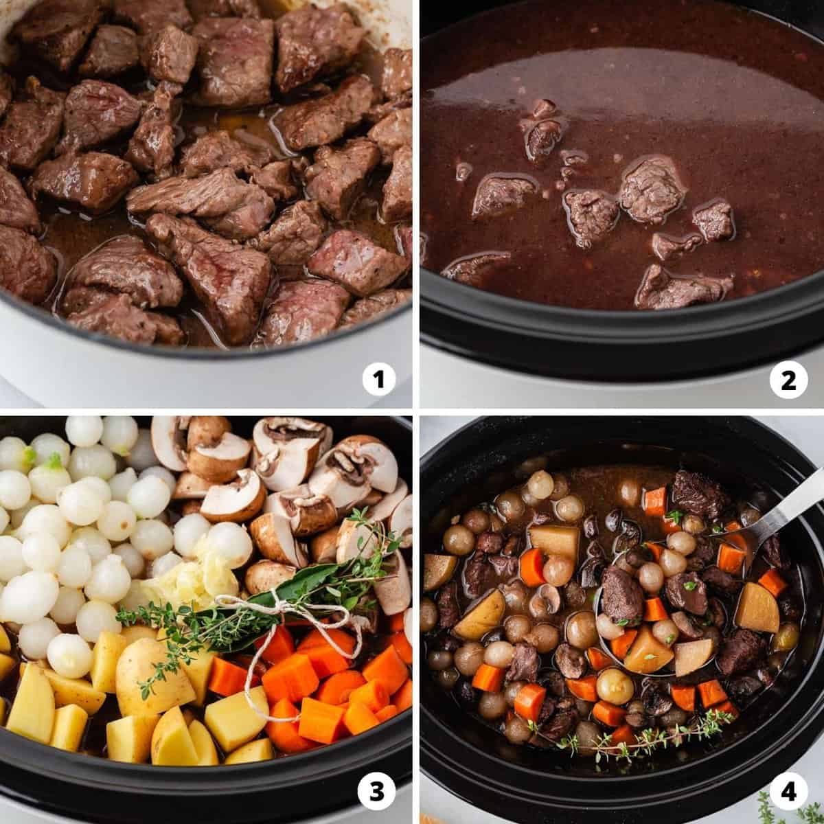 The process of making Beef Bourguignon in a slow cooker.