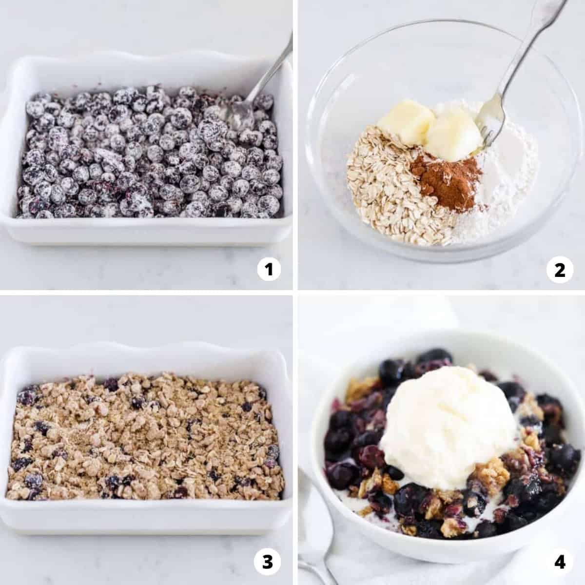 The process of making blueberry crisp using a four photo collage.