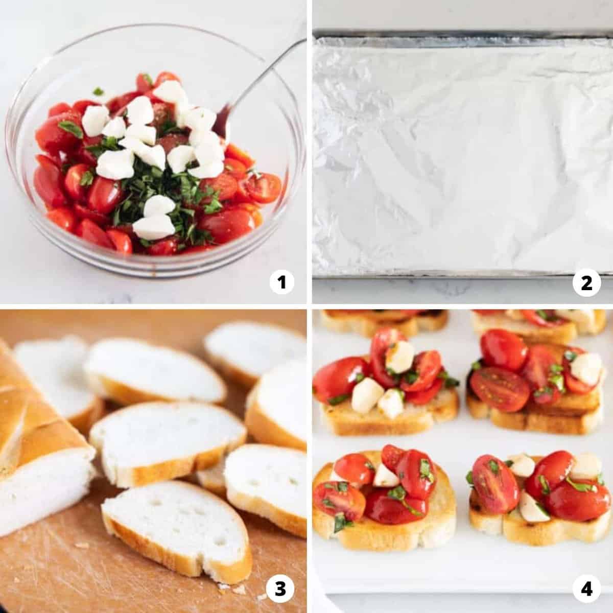 The process of making bruschetta caprese in a four step photo collage.