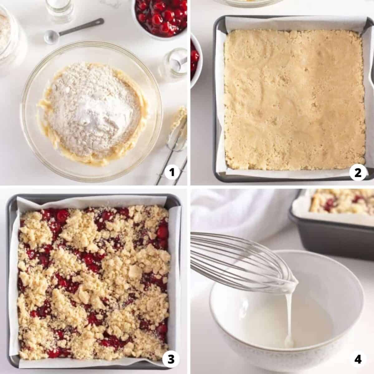 The process of making cherry pie bars in a four step photo collage.