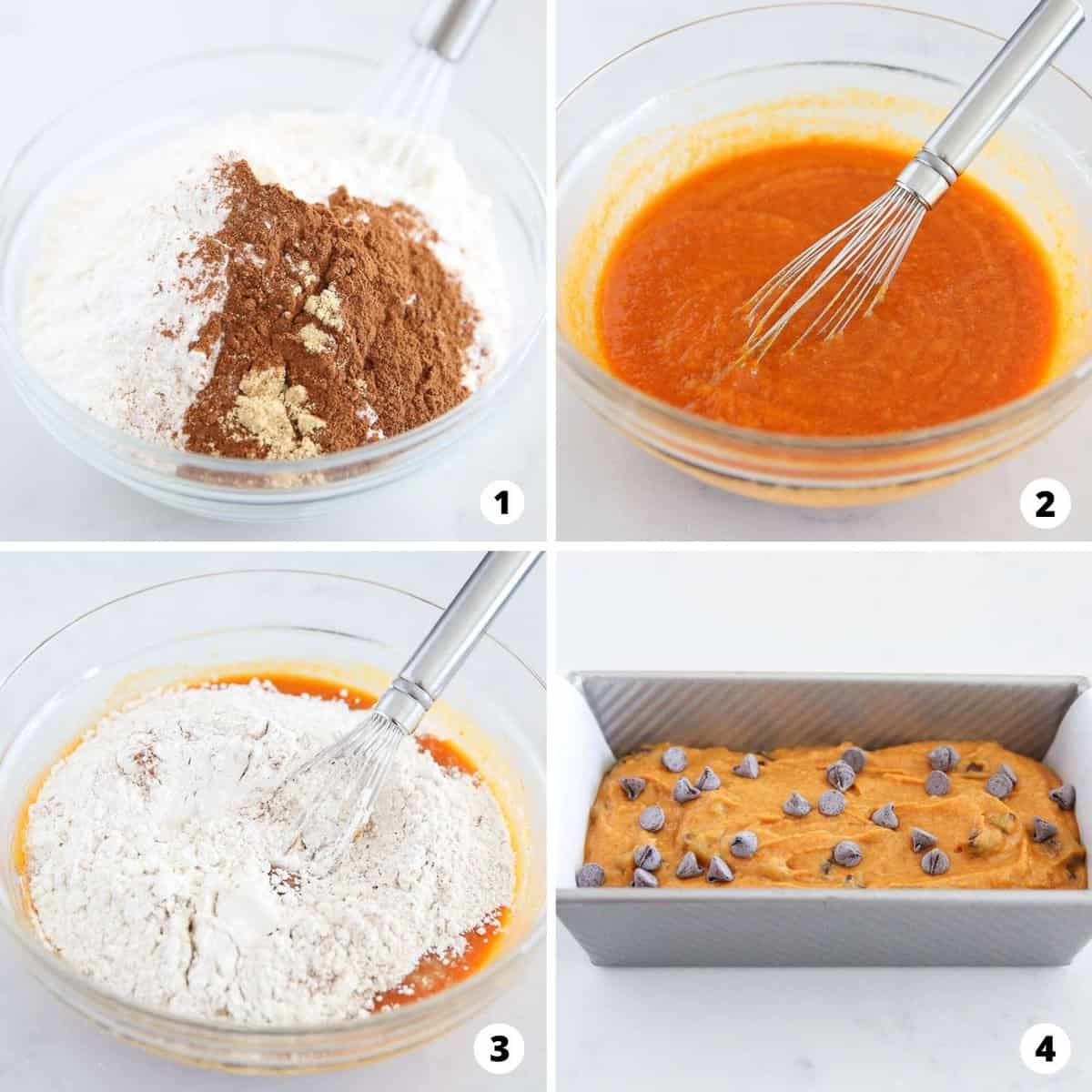 Showing how to make chocolate chip pumpkin bread in a 4 step collage.