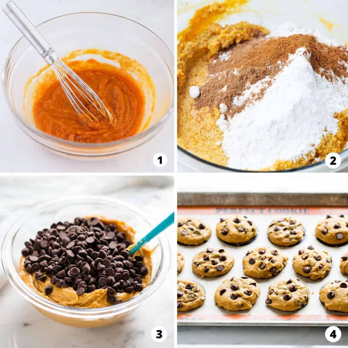 The process of making chocolate chip pumpkin cookies in a four step photo collage.