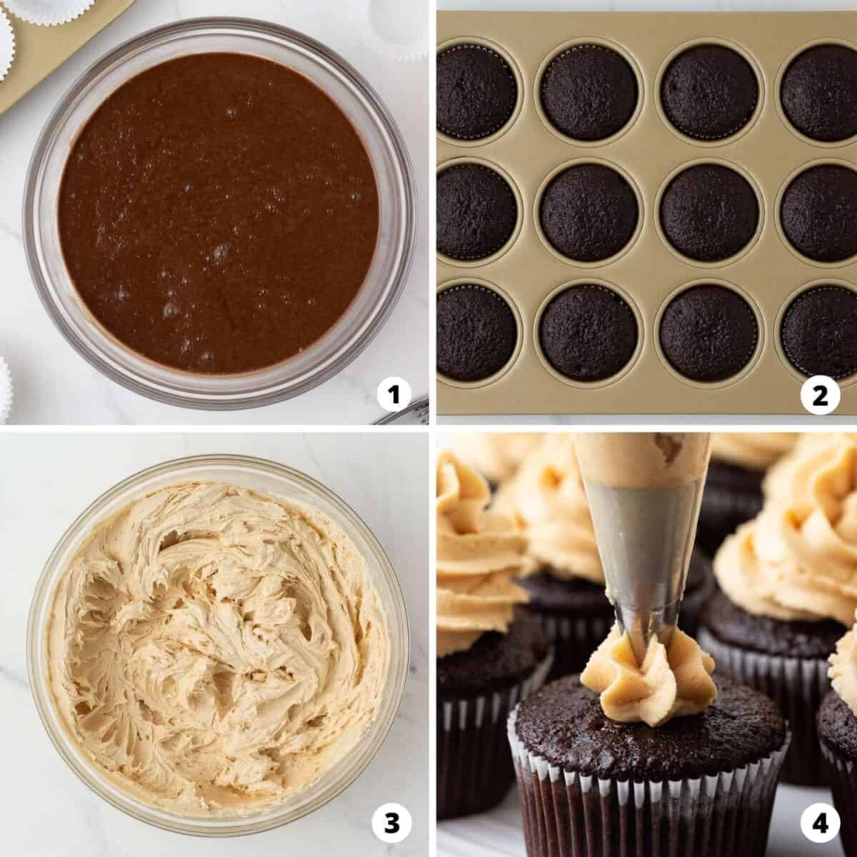 Step by step collage showing how to make chocolate peanut butter cupcakes.