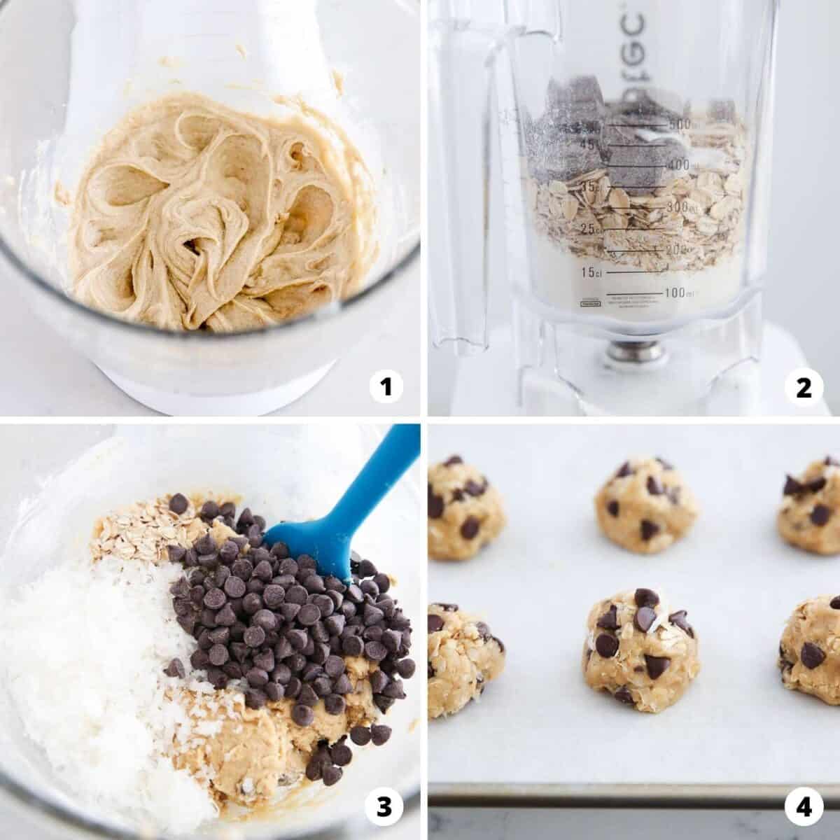 Showing how to make coconut chocolate chip cookies in a 4 step collage.