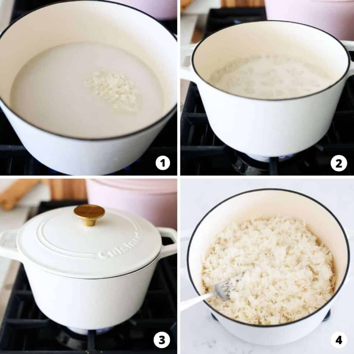 The process of making coconut rice in a four step photo collage.