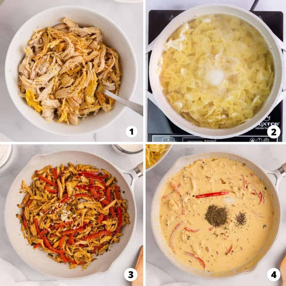 The process of making creamy chicken pasta in a four photo collage.