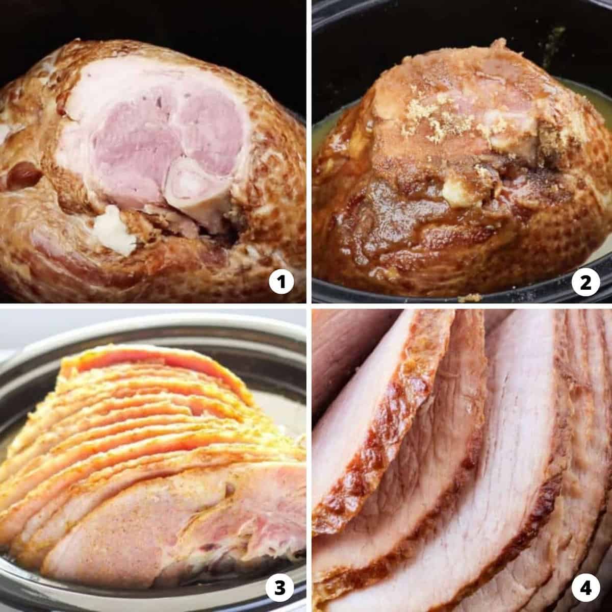 The process of making crockpot spiral ham in a four step photo collage.