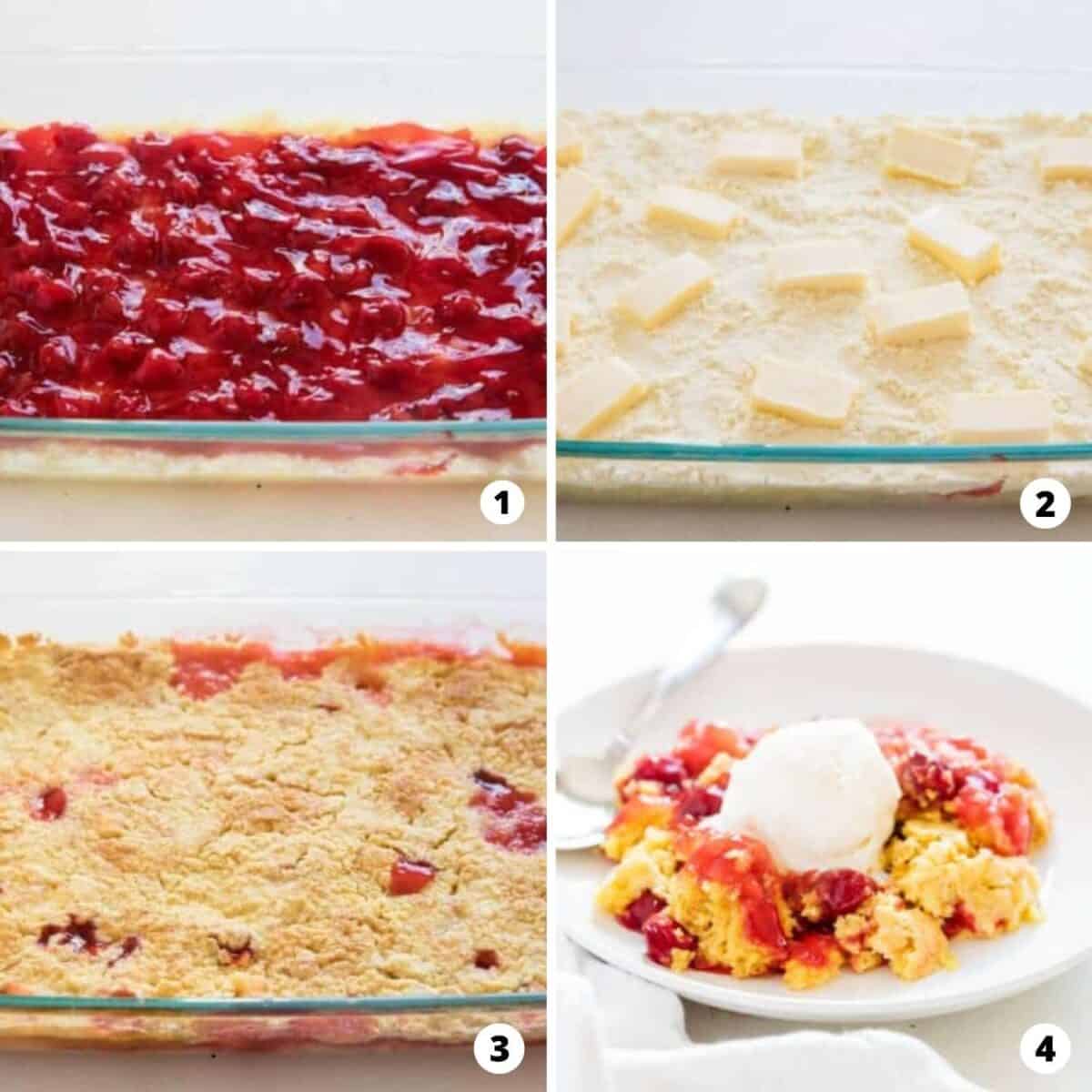 The process of how to make dump cake in a four step photo collage.