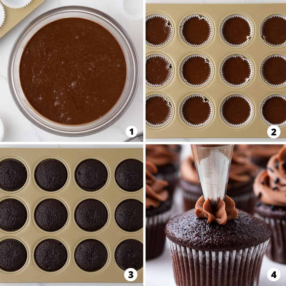 Step by step collage making chocolate cupcakes.