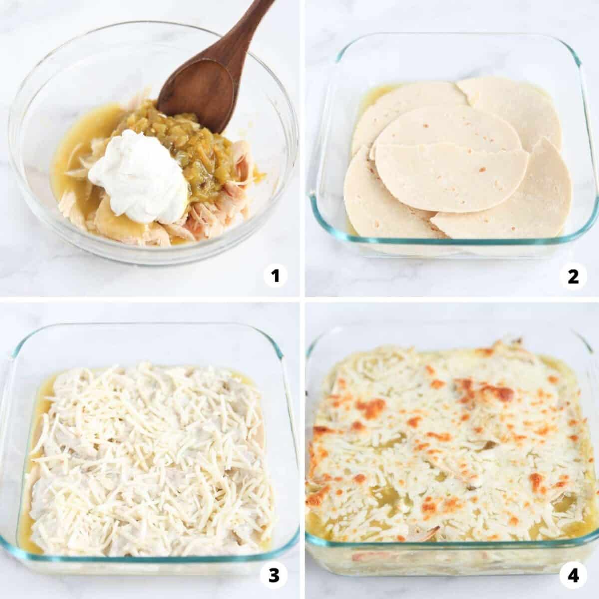 The process of showing how to make green chicken enchilada casserole in a 4 step collage.