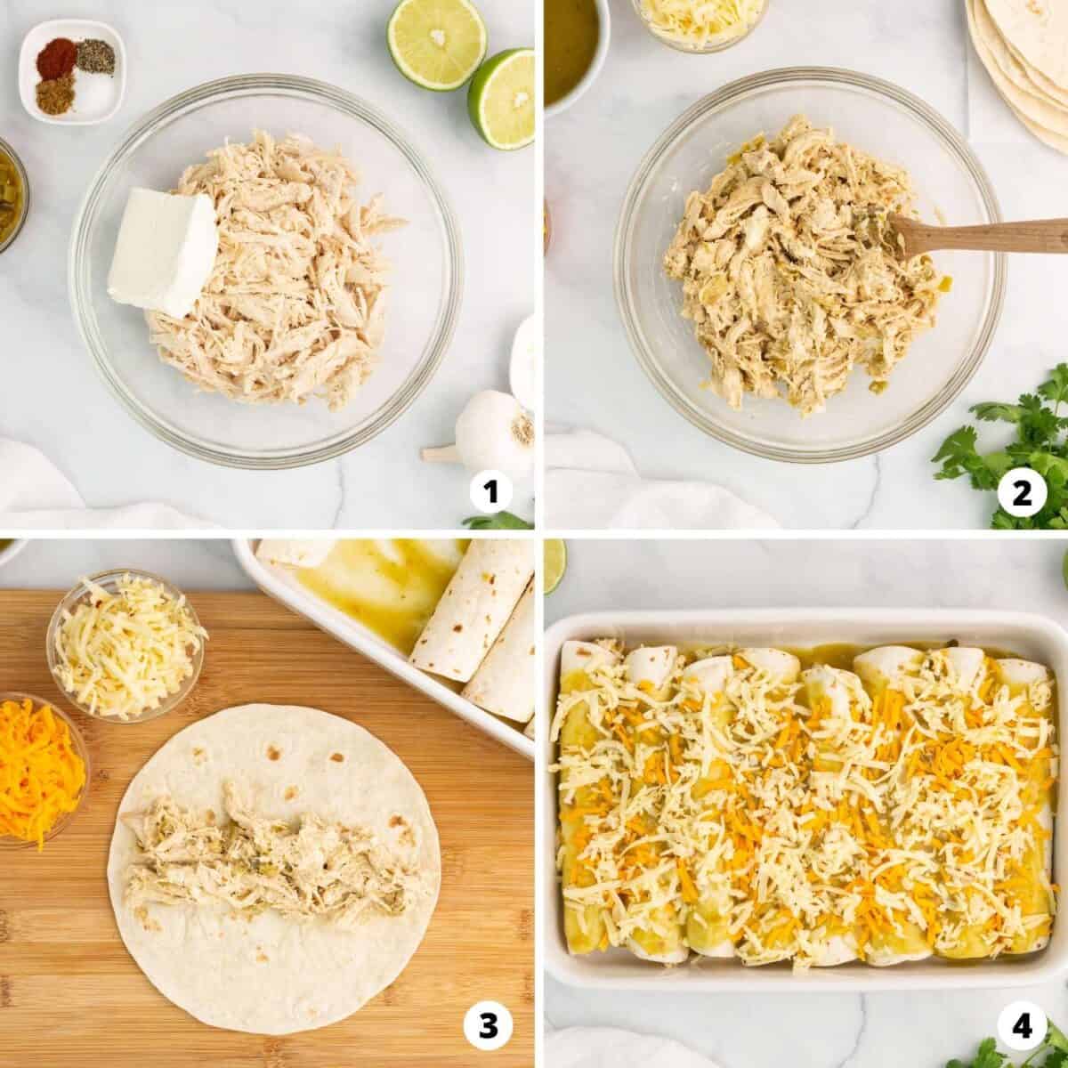 The process of making green chile enchiladas in a four step photo collage.