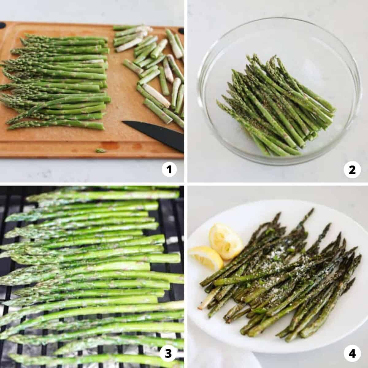 The process of making grilled asparagus in a four step photo collage.
