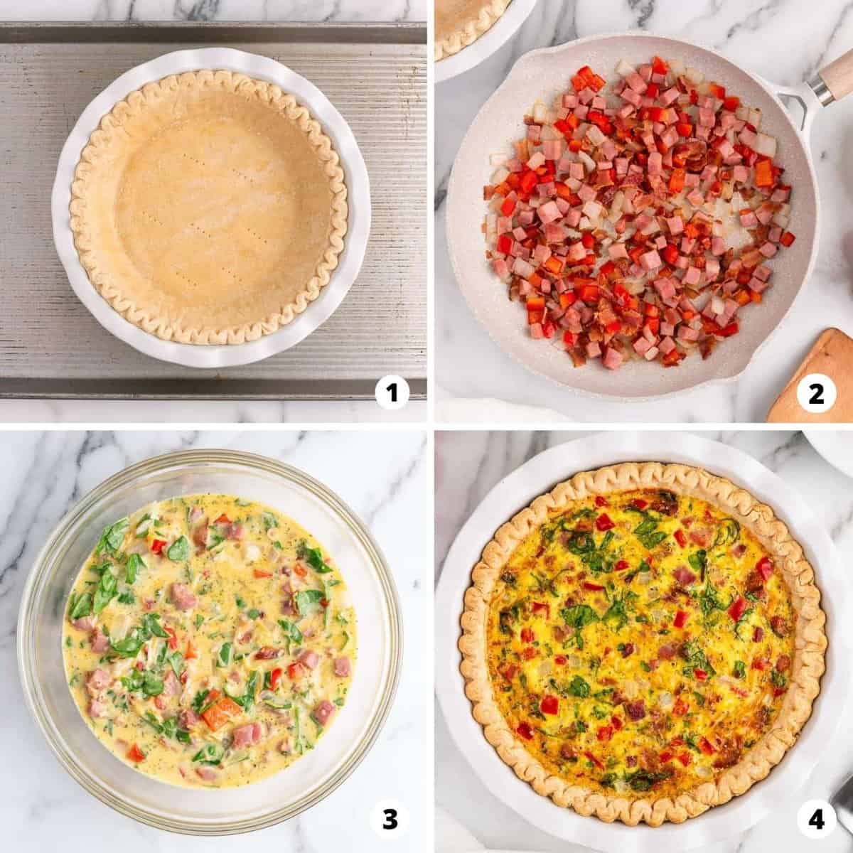 The process of making ham and cheese breakfast pie in a four photo collage.