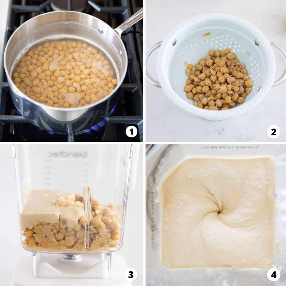 The process of making homemade hummus in a four photo collage.
