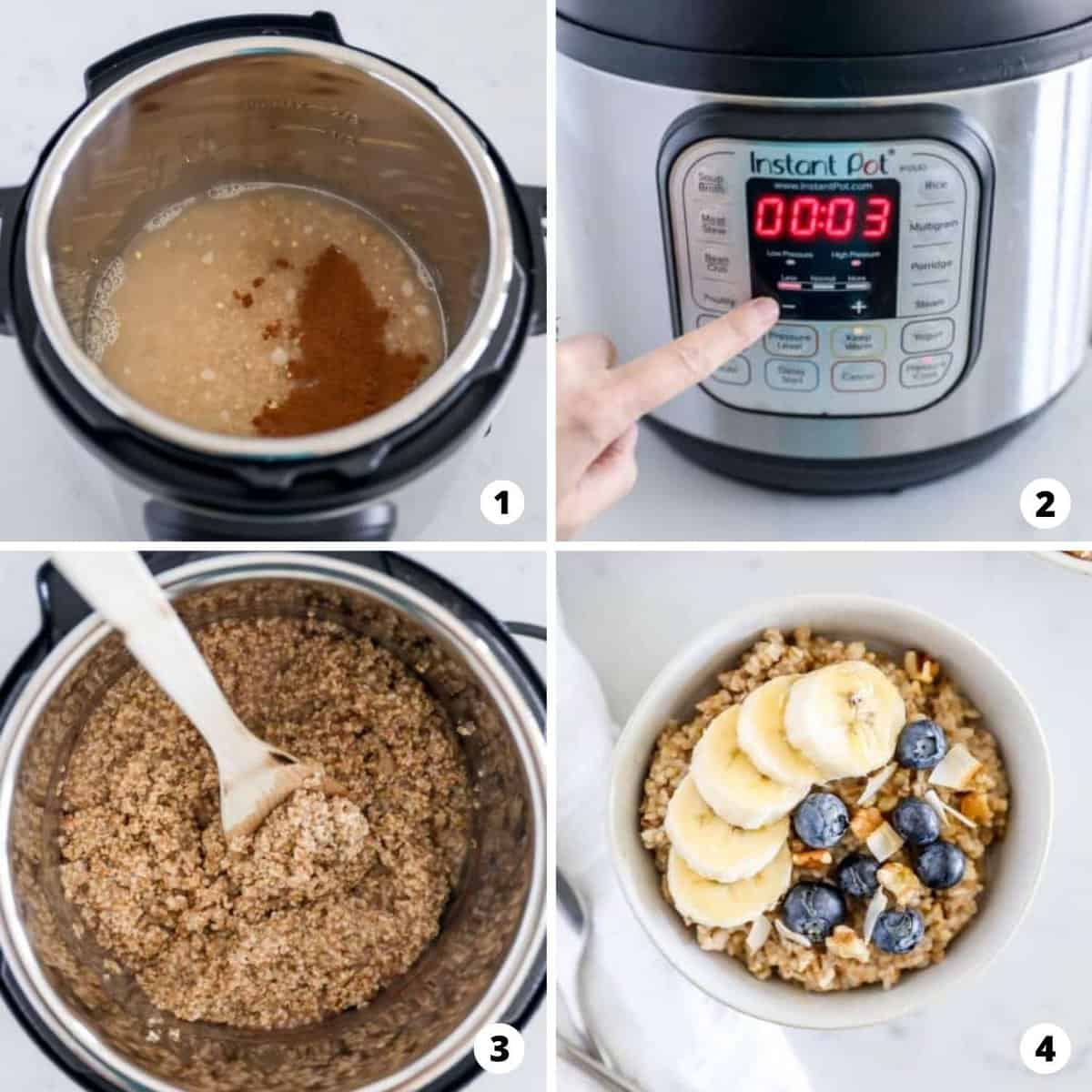 The process of making instant pot steel cut oats in a four photo collage.