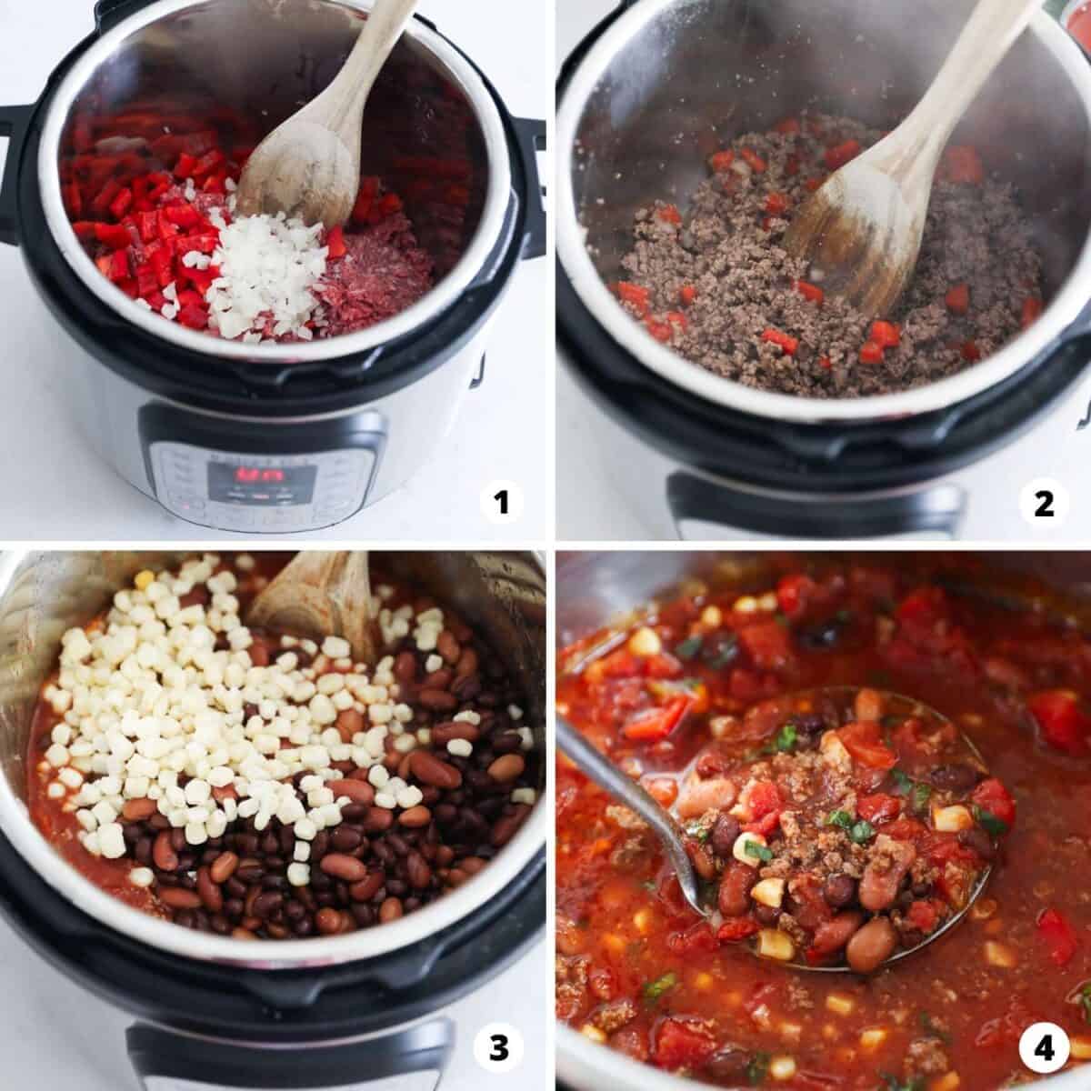The process of making instant pot taco soup in a four photo collage.