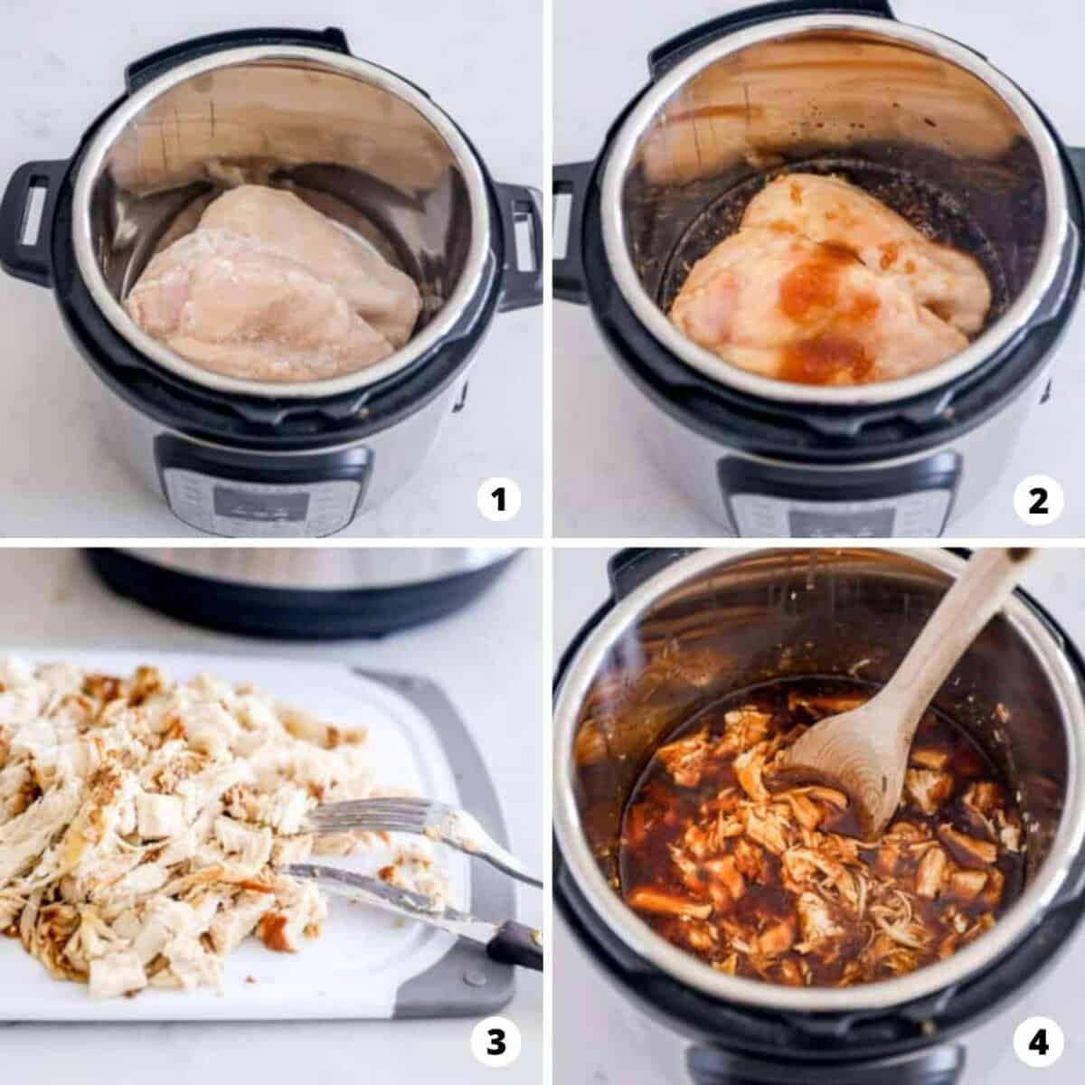 The process of making instant pot teriyaki chicken in a four step process photo collage.