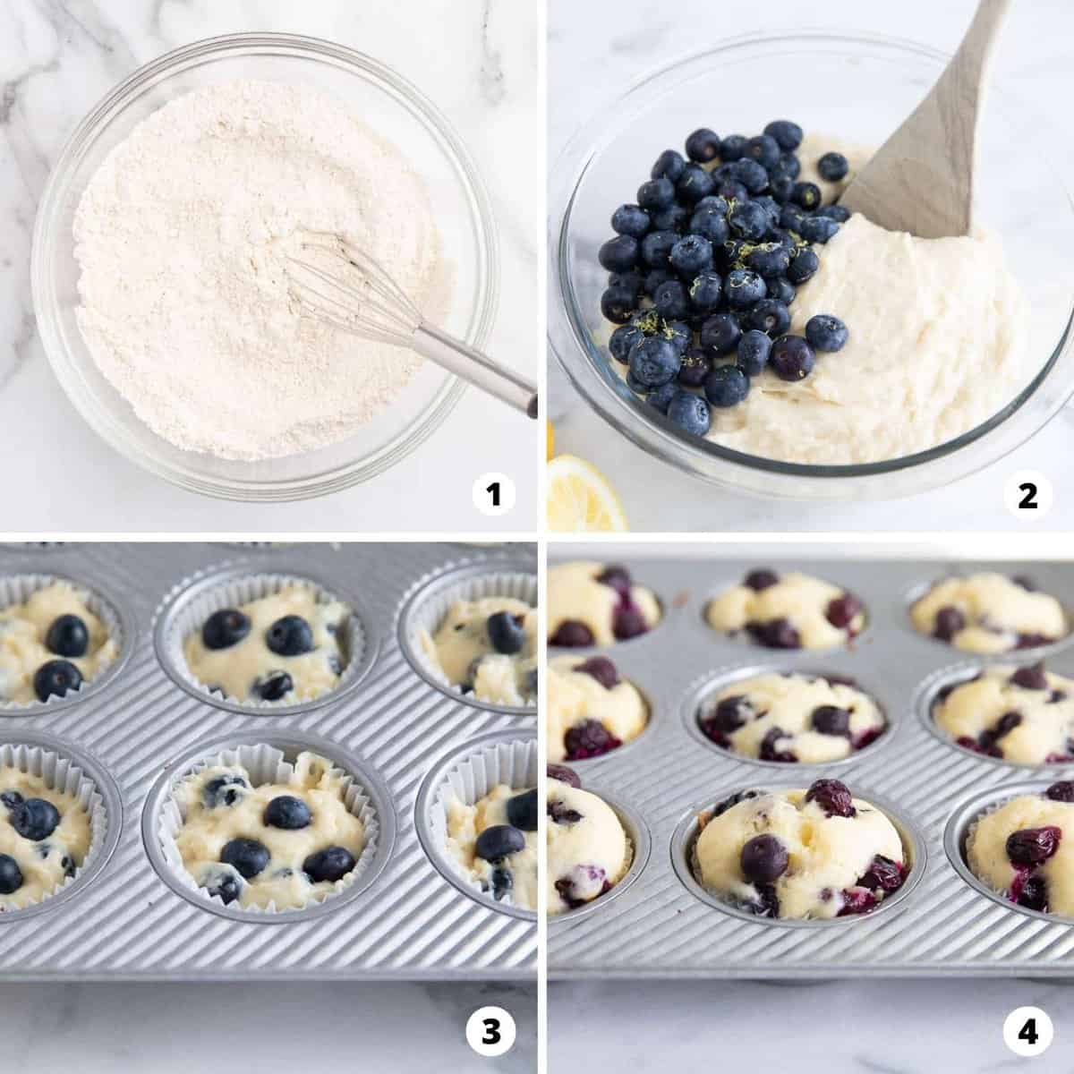 The process of making lemon blueberry muffins in a four photo collage.