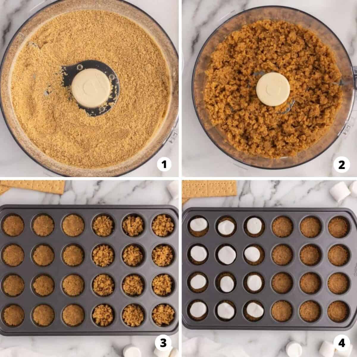 The process of making mini smores cups in a four step photo collage.